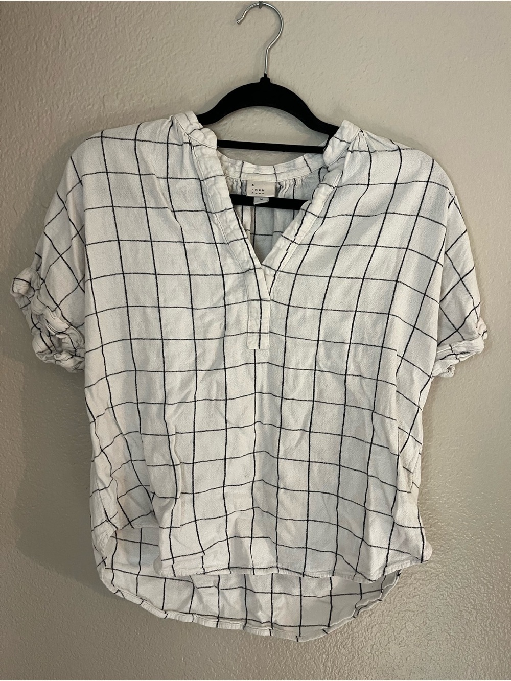 a new day White Blouse with Black Grid V-Neck
